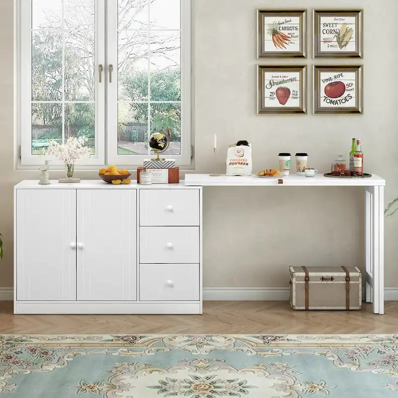 Innovative Sideboard with 2-Door,3-Drawer Design and Adjustable Pull-Out Top for Flexible Use,for Entrance and Living Room