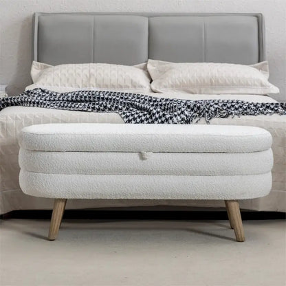 Boucle Fabric Storage Bench Bedroom Bench w/Wood Legs For Living Room