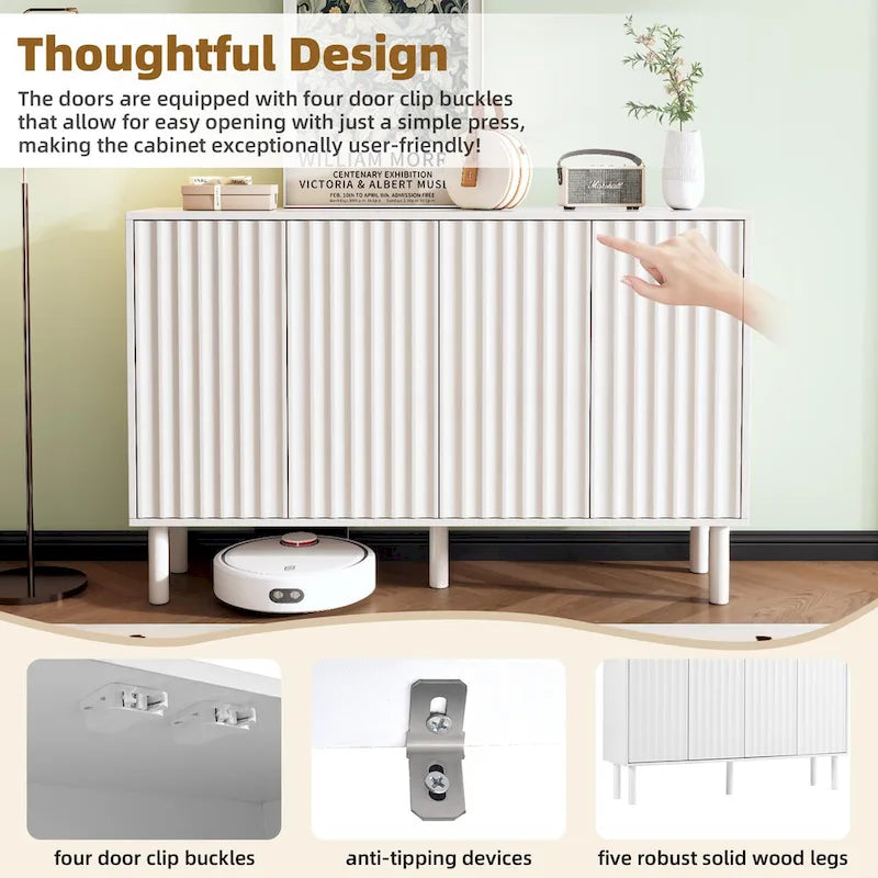 Shoe Cabinet with 5 Solid Wood Legs, Sideboard Buffet Cabinet with Fluted Doors, 4-Door Storage Cabinet with Adjustable Shelves