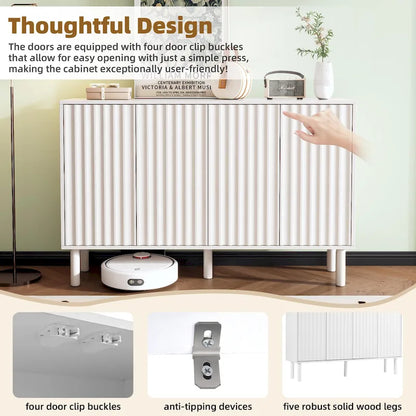 Shoe Cabinet with 5 Solid Wood Legs, Sideboard Buffet Cabinet with Fluted Doors, 4-Door Storage Cabinet with Adjustable Shelves