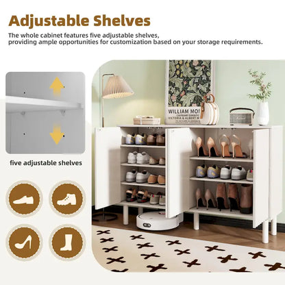 Shoe Cabinet with 5 Solid Wood Legs, Sideboard Buffet Cabinet with Fluted Doors, 4-Door Storage Cabinet with Adjustable Shelves