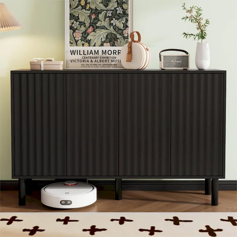 Shoe Cabinet with 5 Solid Wood Legs, Sideboard Buffet Cabinet with Fluted Doors, 4-Door Storage Cabinet with Adjustable Shelves