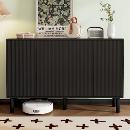 Shoe Cabinet with 5 Solid Wood Legs, Sideboard Buffet Cabinet with Fluted Doors, 4-Door Storage Cabinet with Adjustable Shelves