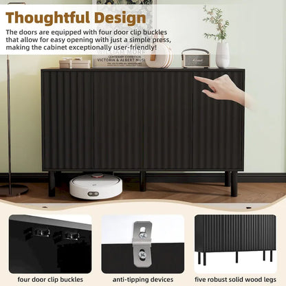 Shoe Cabinet with 5 Solid Wood Legs, Sideboard Buffet Cabinet with Fluted Doors, 4-Door Storage Cabinet with Adjustable Shelves