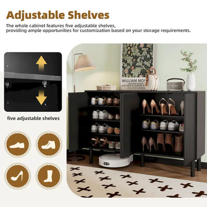 Shoe Cabinet with 5 Solid Wood Legs, Sideboard Buffet Cabinet with Fluted Doors, 4-Door Storage Cabinet with Adjustable Shelves