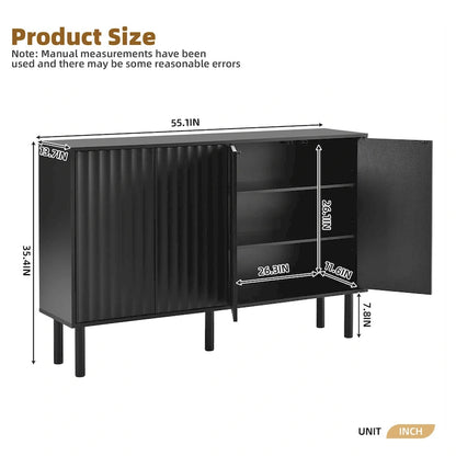 Shoe Cabinet with 5 Solid Wood Legs, Sideboard Buffet Cabinet with Fluted Doors, 4-Door Storage Cabinet with Adjustable Shelves