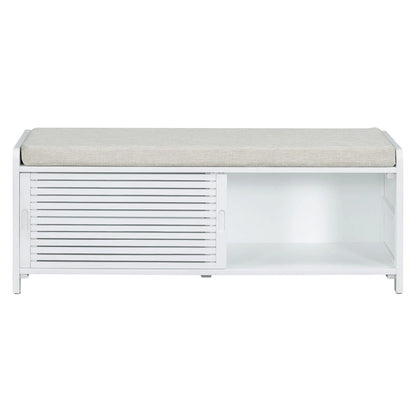 Distressed Shutter Storage Bench with Acacia Veneer for Retro Charm for Living Room, Entryway