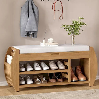 Multi Functional Storage Bench With Hidden Compartment And Open Shelf