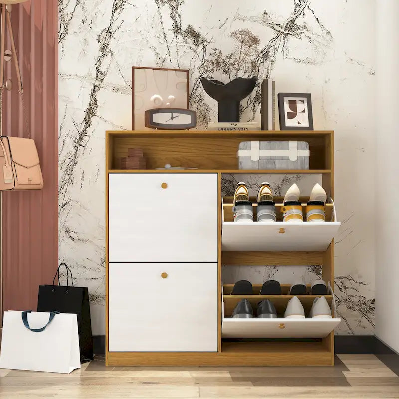 Shoe Storage Cabinet with 4 Flip Drawers, Shoe Rack Organizer with Handle Freestanding Shoe Cabinet with Anti-tip Fitting