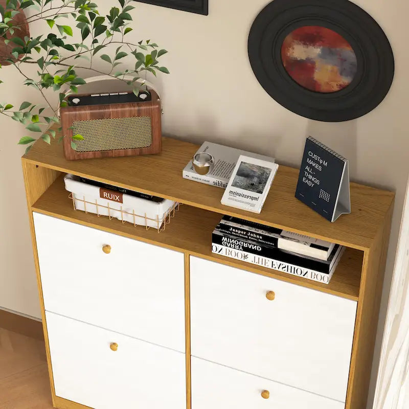 Shoe Storage Cabinet with 4 Flip Drawers, Shoe Rack Organizer with Handle Freestanding Shoe Cabinet with Anti-tip Fitting