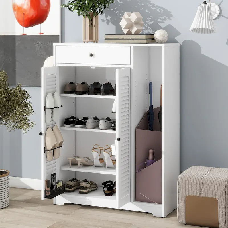 Freestanding Shoe Rack Organizer with 2 Shutter Door, Entryway Narrow Shoe Storage with Adjustable Storage Shelf &Top Drawer