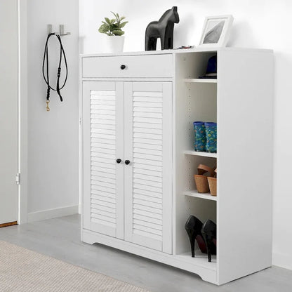 Freestanding Shoe Rack Organizer with 2 Shutter Door, Entryway Narrow Shoe Storage with Adjustable Storage Shelf &Top Drawer