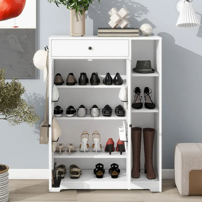 Freestanding Shoe Rack Organizer with 2 Shutter Door, Entryway Narrow Shoe Storage with Adjustable Storage Shelf &Top Drawer