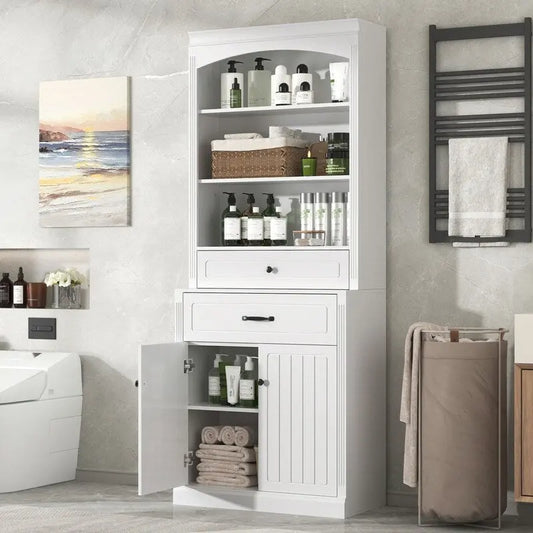 Bathroom Cabinet with 2 Doors, Drawers, Adjustable Shelf & 3 Open Shelves