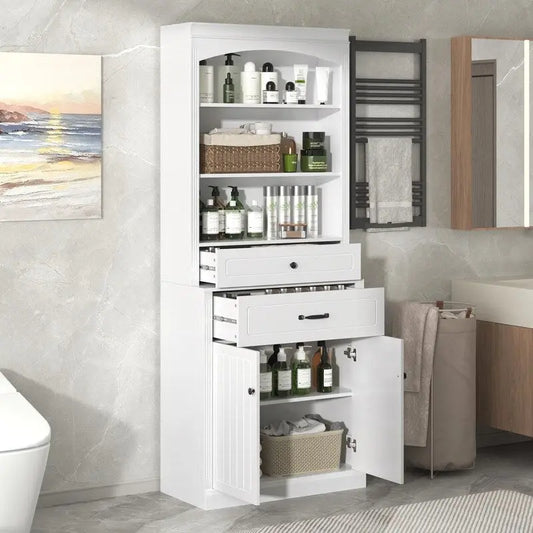 Bathroom Cabinet with 2 Doors, Drawers, Adjustable Shelf & 3 Open Shelves