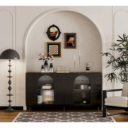 Accent Cabinet Black Lacquered Wooden Cabinet with 4 Glass Doors Sideboard Buffet Server Cabinet Storage Cabinet