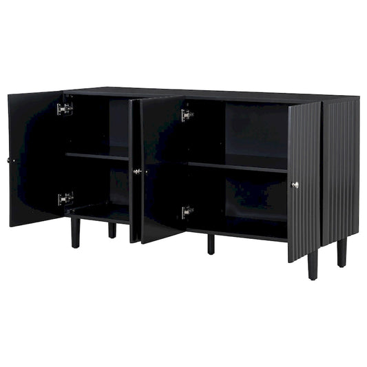 Elegant Four-Door Sideboard with Wavy Pattern Doors, Cylindrical Legs, and Sleek Metal Handles