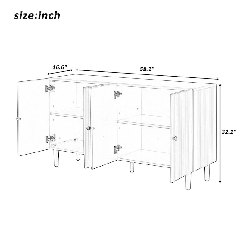 Elegant Four-Door Sideboard with Wavy Pattern Doors, Cylindrical Legs, and Sleek Metal Handles