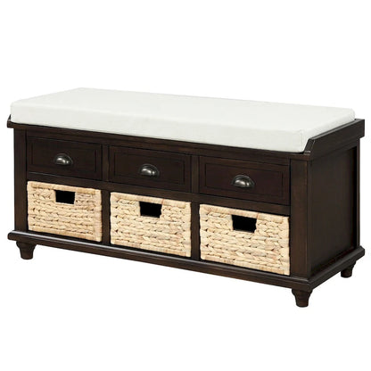 Harper & Bright Designs 3-Drawer Storage Bench with 3 Rattan Baskets