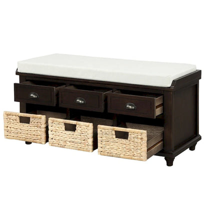 Harper & Bright Designs 3-Drawer Storage Bench with 3 Rattan Baskets