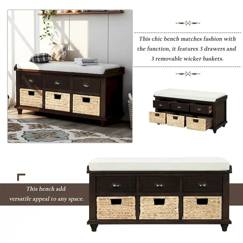 Harper & Bright Designs 3-Drawer Storage Bench with 3 Rattan Baskets
