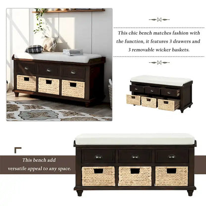 Harper & Bright Designs 3-Drawer Storage Bench with 3 Rattan Baskets
