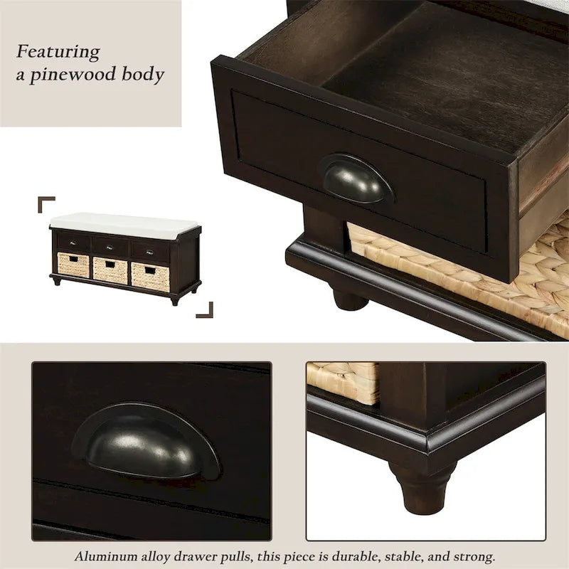 Harper & Bright Designs 3-Drawer Storage Bench with 3 Rattan Baskets