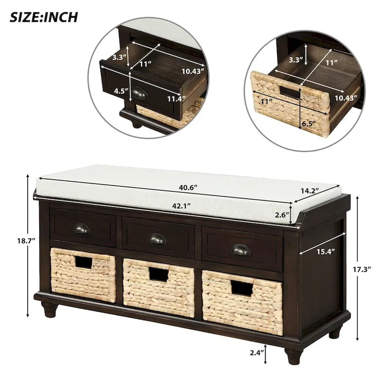 Harper & Bright Designs 3-Drawer Storage Bench with 3 Rattan Baskets