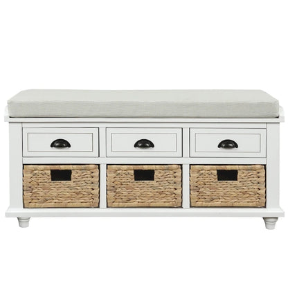 Harper & Bright Designs 3-Drawer Storage Bench with 3 Rattan Baskets