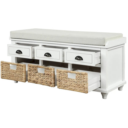 Harper & Bright Designs 3-Drawer Storage Bench with 3 Rattan Baskets