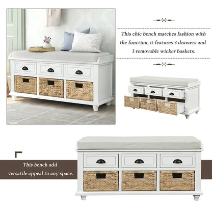 Harper & Bright Designs 3-Drawer Storage Bench with 3 Rattan Baskets