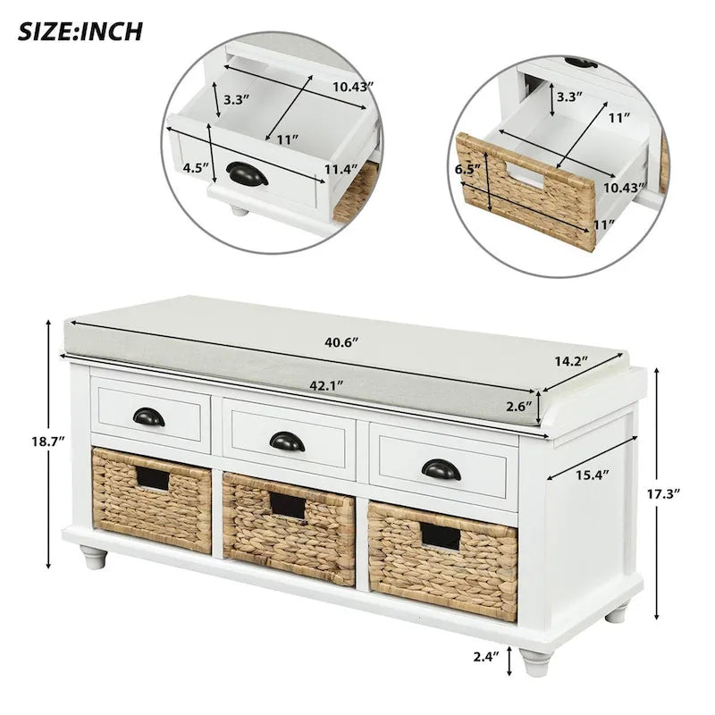 Harper & Bright Designs 3-Drawer Storage Bench with 3 Rattan Baskets