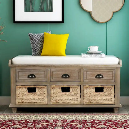Harper & Bright Designs 3-Drawer Storage Bench with 3 Rattan Baskets