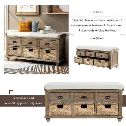 Harper & Bright Designs 3-Drawer Storage Bench with 3 Rattan Baskets