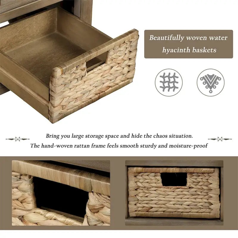 Harper & Bright Designs 3-Drawer Storage Bench with 3 Rattan Baskets