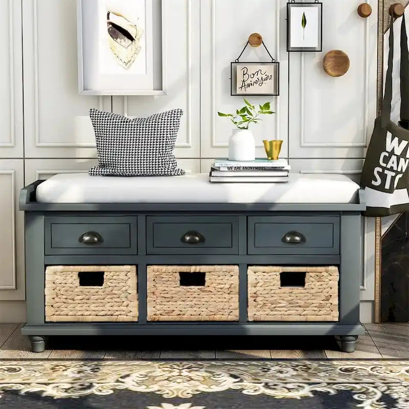 Harper & Bright Designs 3-Drawer Storage Bench with 3 Rattan Baskets