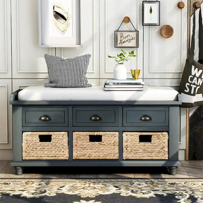 Harper & Bright Designs 3-Drawer Storage Bench with 3 Rattan Baskets