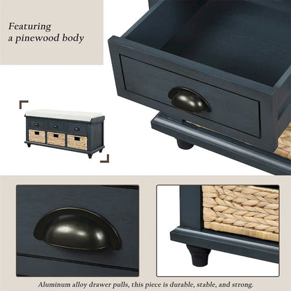 Harper & Bright Designs 3-Drawer Storage Bench with 3 Rattan Baskets
