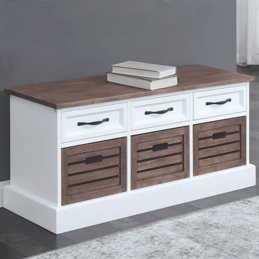 Two Toned Brown/ White Storage Bench with Drawers and Wooden Baskets