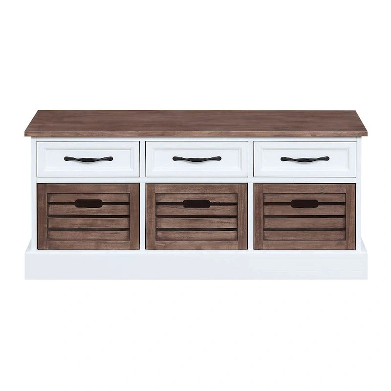 Two Toned Brown/ White Storage Bench with Drawers and Wooden Baskets