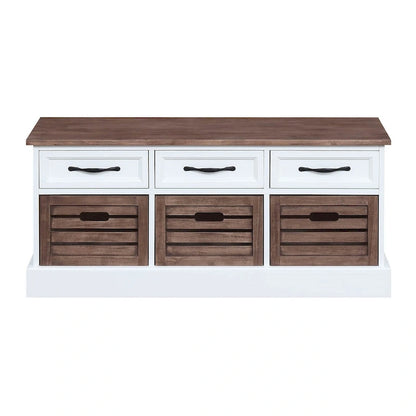Two Toned Brown/ White Storage Bench with Drawers and Wooden Baskets