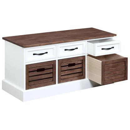Two Toned Brown/ White Storage Bench with Drawers and Wooden Baskets