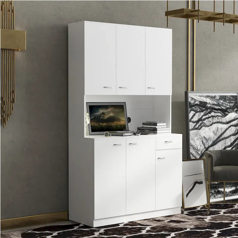White 71 Tall Kitchen Pantry Buffet Cabinet with 6-Doors, 1-Open Shelves and 1-Drawer - 39.37W x 15.35 D x70.87H