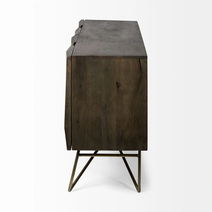 Darwin Brown Solid Wood Gold Metal Base 4 Cabinet Door Sideboard - 80.1L x 17.3W x 29.9H