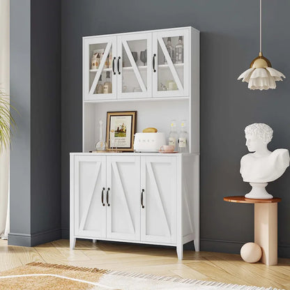 Large Kitchen Pantry Storage Cabinet with Glass Doors,Drawers & Open Shelves