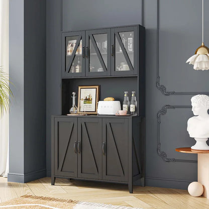 Large Kitchen Pantry Storage Cabinet with Glass Doors,Drawers & Open Shelves