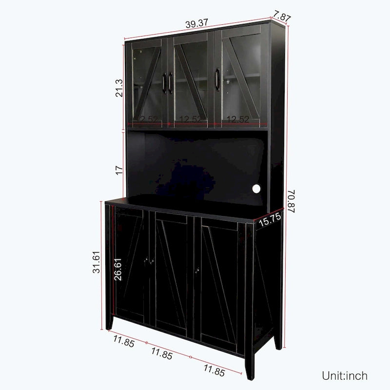 Large Kitchen Pantry Storage Cabinet with Glass Doors,Drawers & Open Shelves