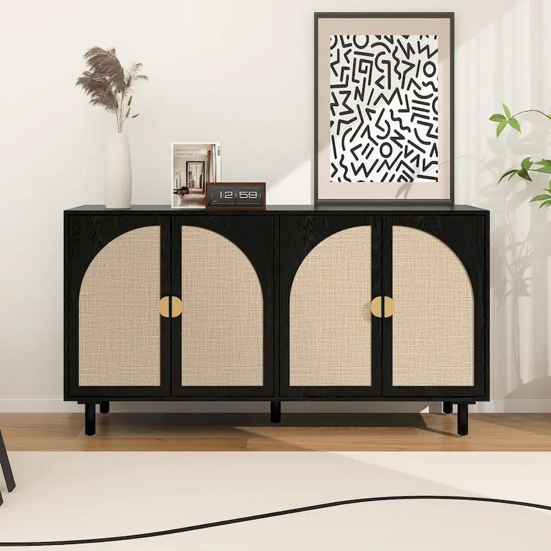 4 Door Rattan Storage Cabinet with Adjustable Shelves