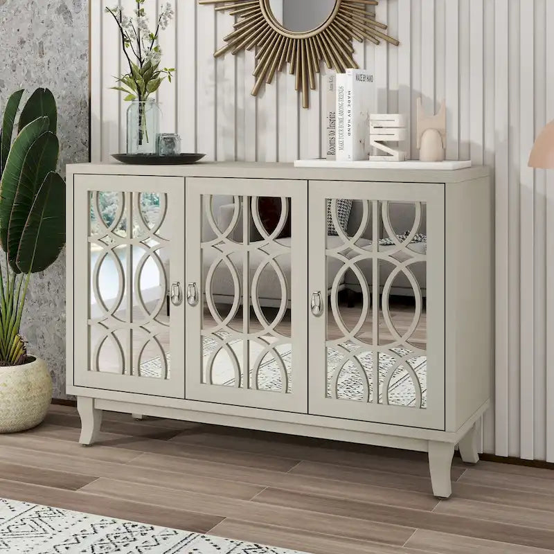 3 Door Mirrored Buffet Cabinet with Silver Handle - N/A