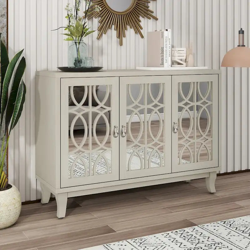 3 Door Mirrored Buffet Cabinet with Silver Handle - N/A